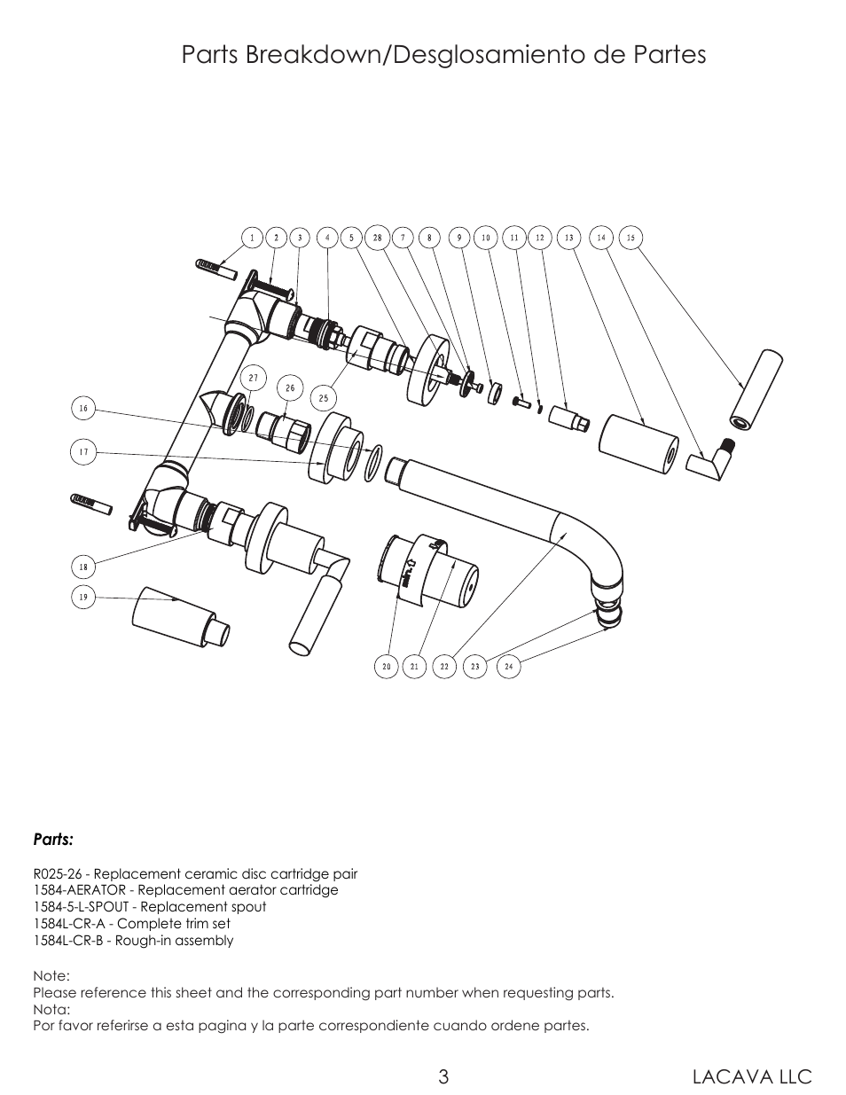 Parts breakdown/desglosamiento de partes, Lacava llc 3 | Lacava 1584L User Manual | Page 3 / 9