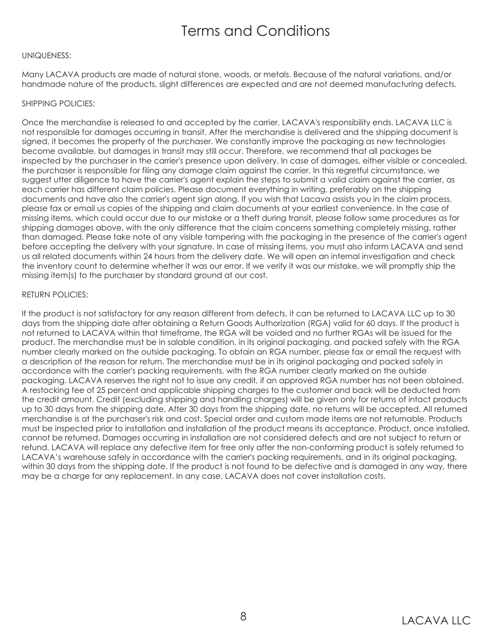 Terms and conditions, Lacava llc | Lacava 260 User Manual | Page 8 / 9