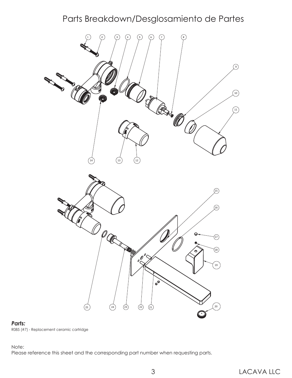 Parts breakdown/desglosamiento de partes, Lacava llc 3, Parts | Lacava 1814 User Manual | Page 3 / 8