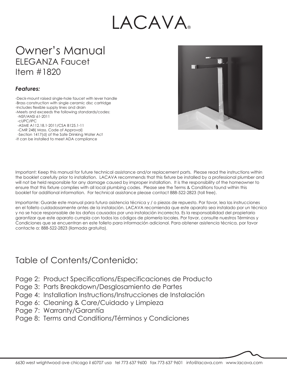 Lacava 1820 User Manual | 9 pages
