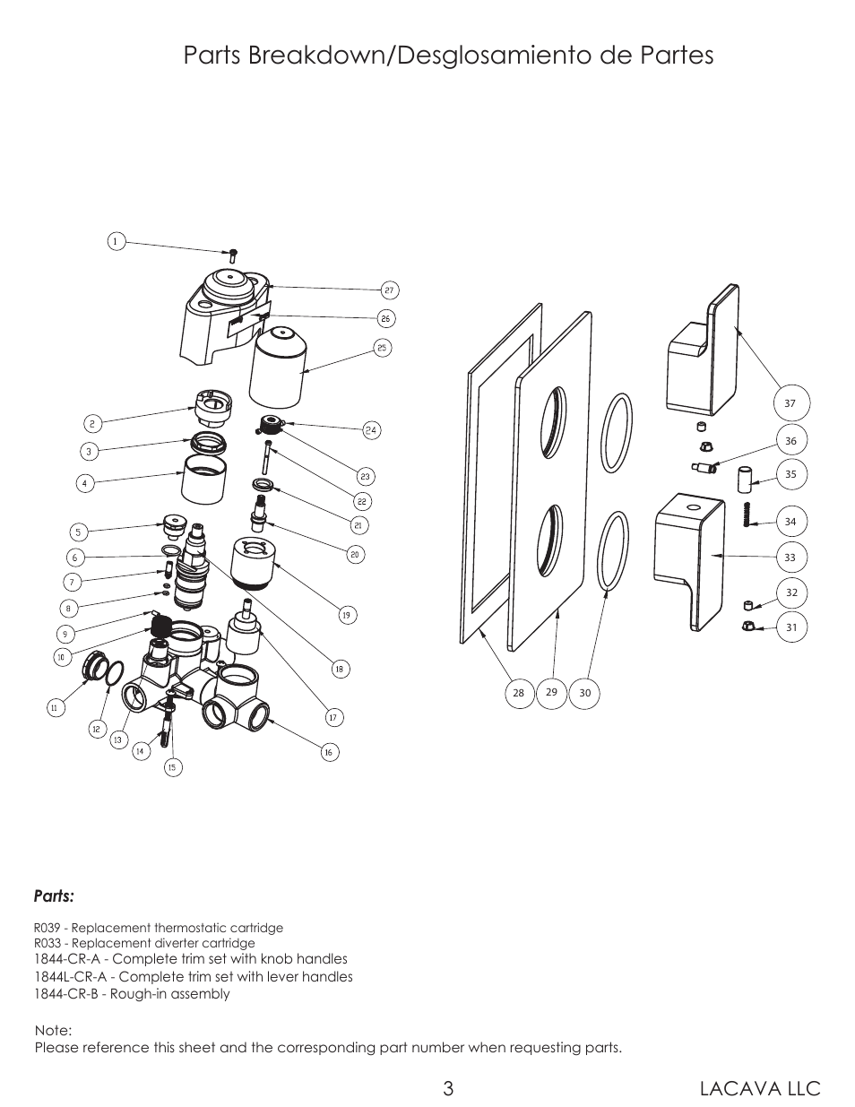 Parts breakdown/desglosamiento de partes, Lacava llc 3 | Lacava 1844 User Manual | Page 3 / 9
