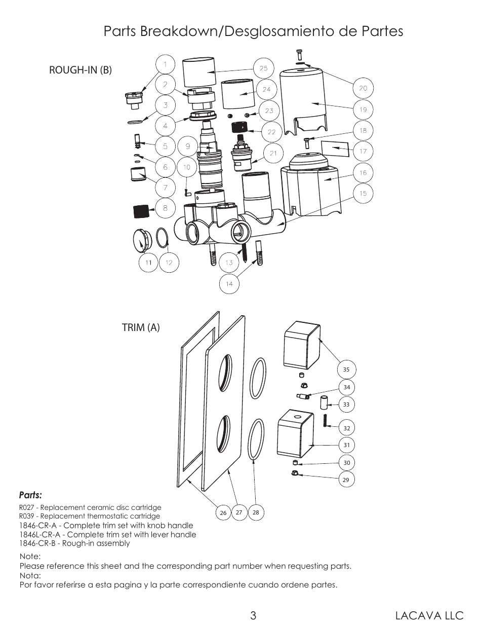 Parts breakdown/desglosamiento de partes, Lacava llc 3, Rough-in (b) trim (a) | Lacava 1846 User Manual | Page 3 / 9