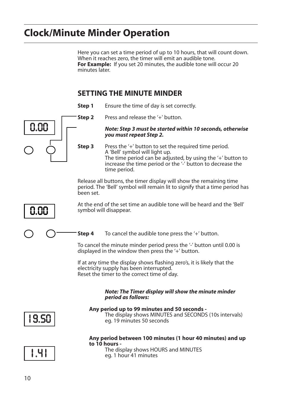 Clock/minute minder operation, Setting the minute minder | Creda S220E User Manual | Page 10 / 32