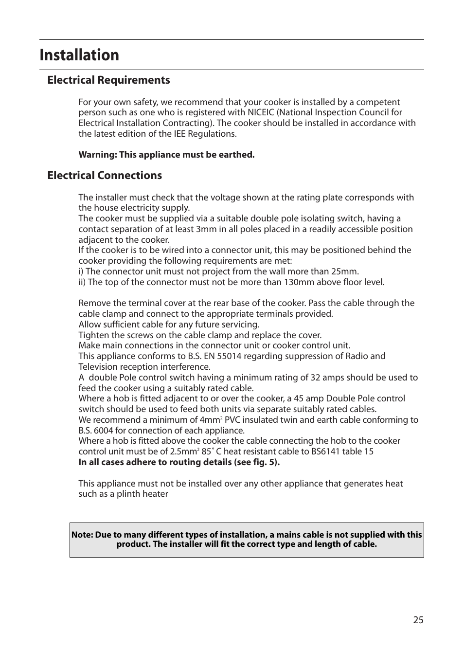 Installation, Electrical requirements, Electrical connections | Creda S220E User Manual | Page 25 / 32