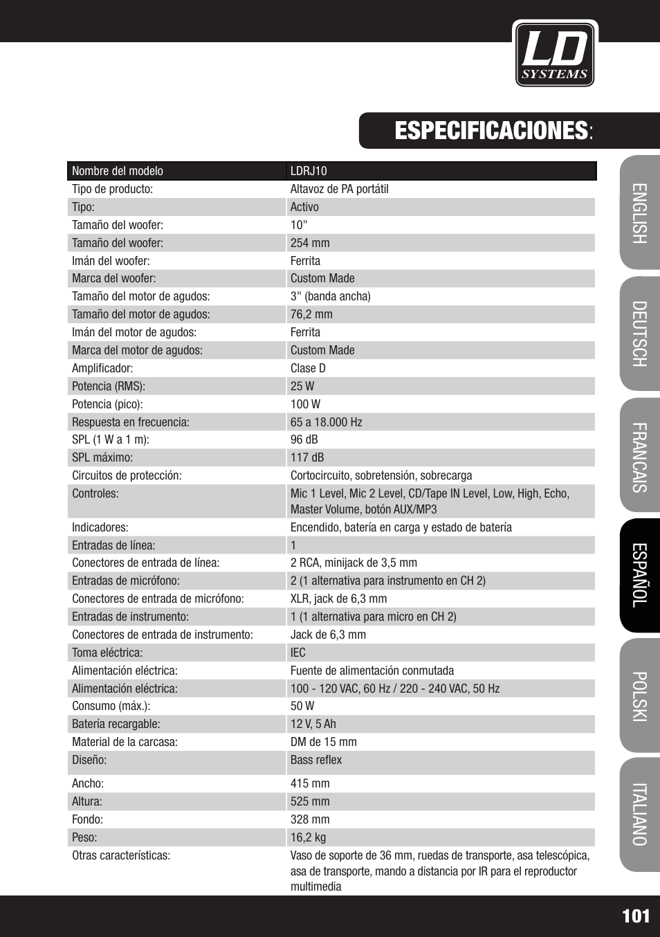 Especificaciones | LD Systems ROADJACK 10 User Manual | Page 101 / 160