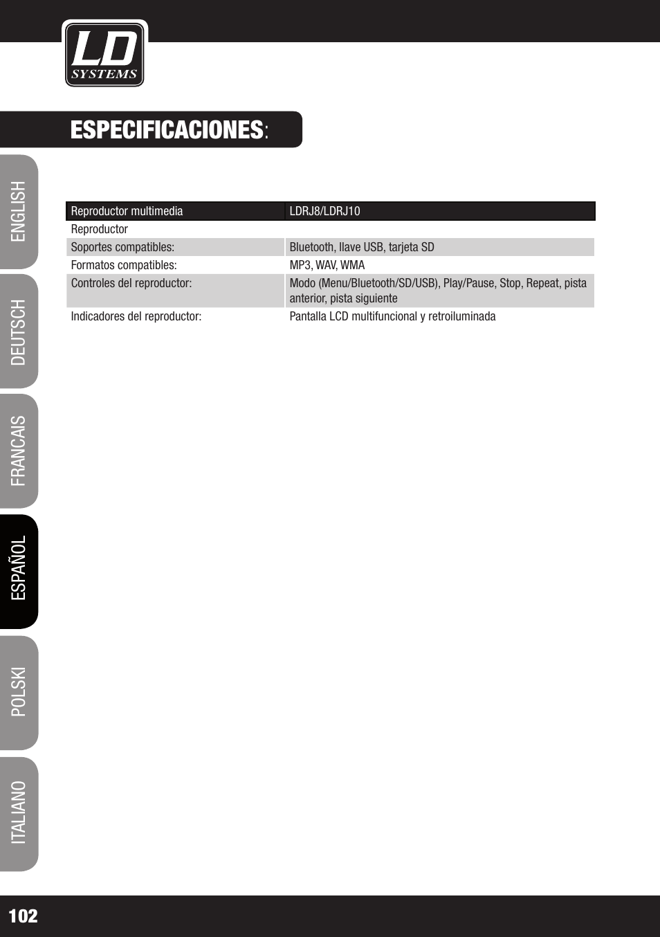 Especificaciones | LD Systems ROADJACK 10 User Manual | Page 102 / 160
