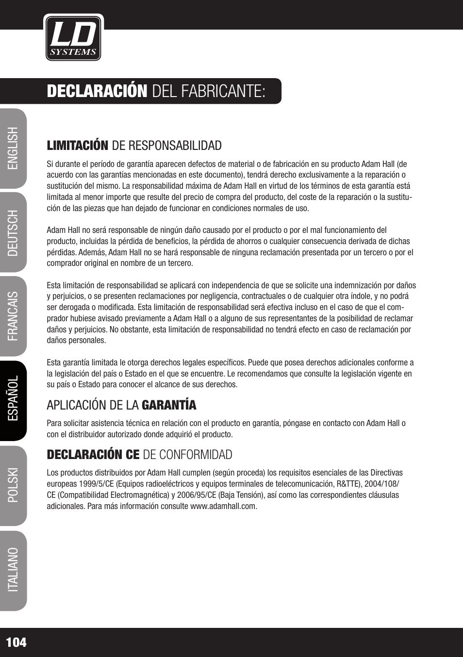 Declaración del fabricante | LD Systems ROADJACK 10 User Manual | Page 104 / 160