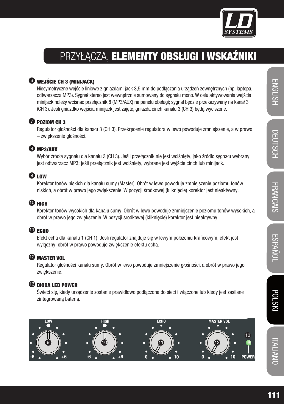 Przyłącza, elementy obsługi i wskaźniki | LD Systems ROADJACK 10 User Manual | Page 111 / 160