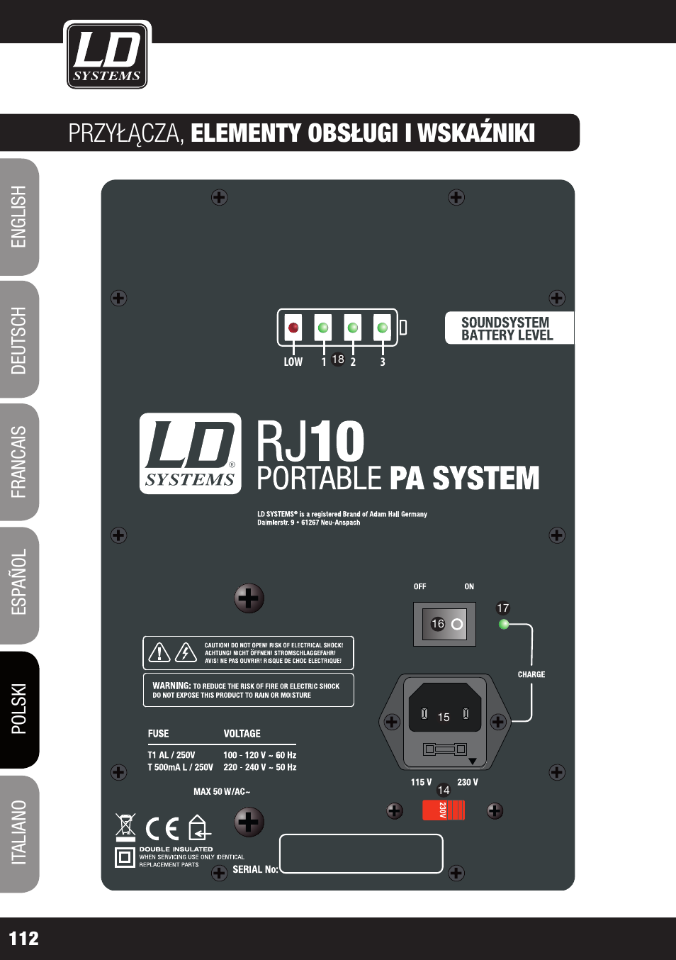 Przyłącza, elementy obsługi i wskaźniki | LD Systems ROADJACK 10 User Manual | Page 112 / 160