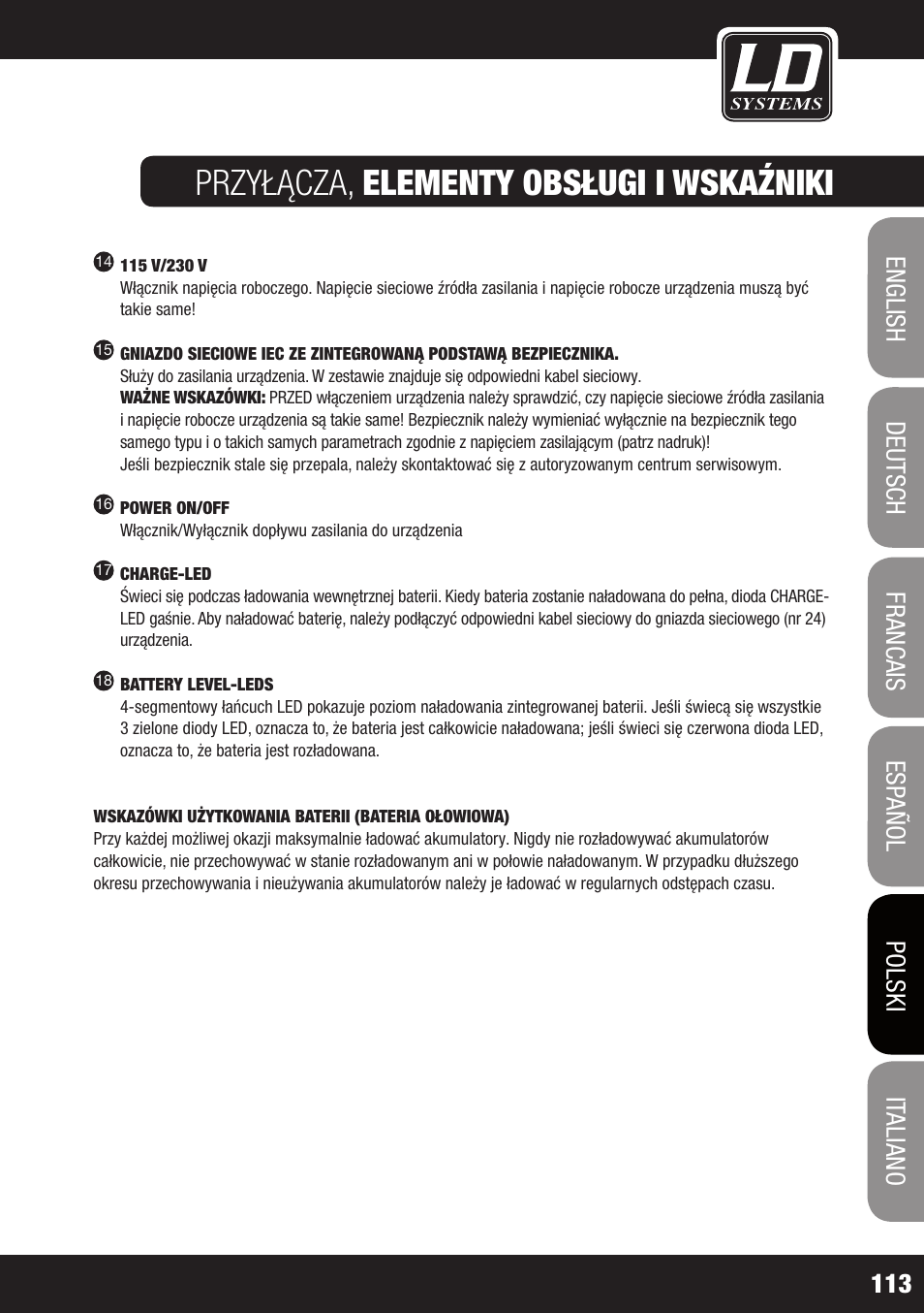 Przyłącza, elementy obsługi i wskaźniki | LD Systems ROADJACK 10 User Manual | Page 113 / 160