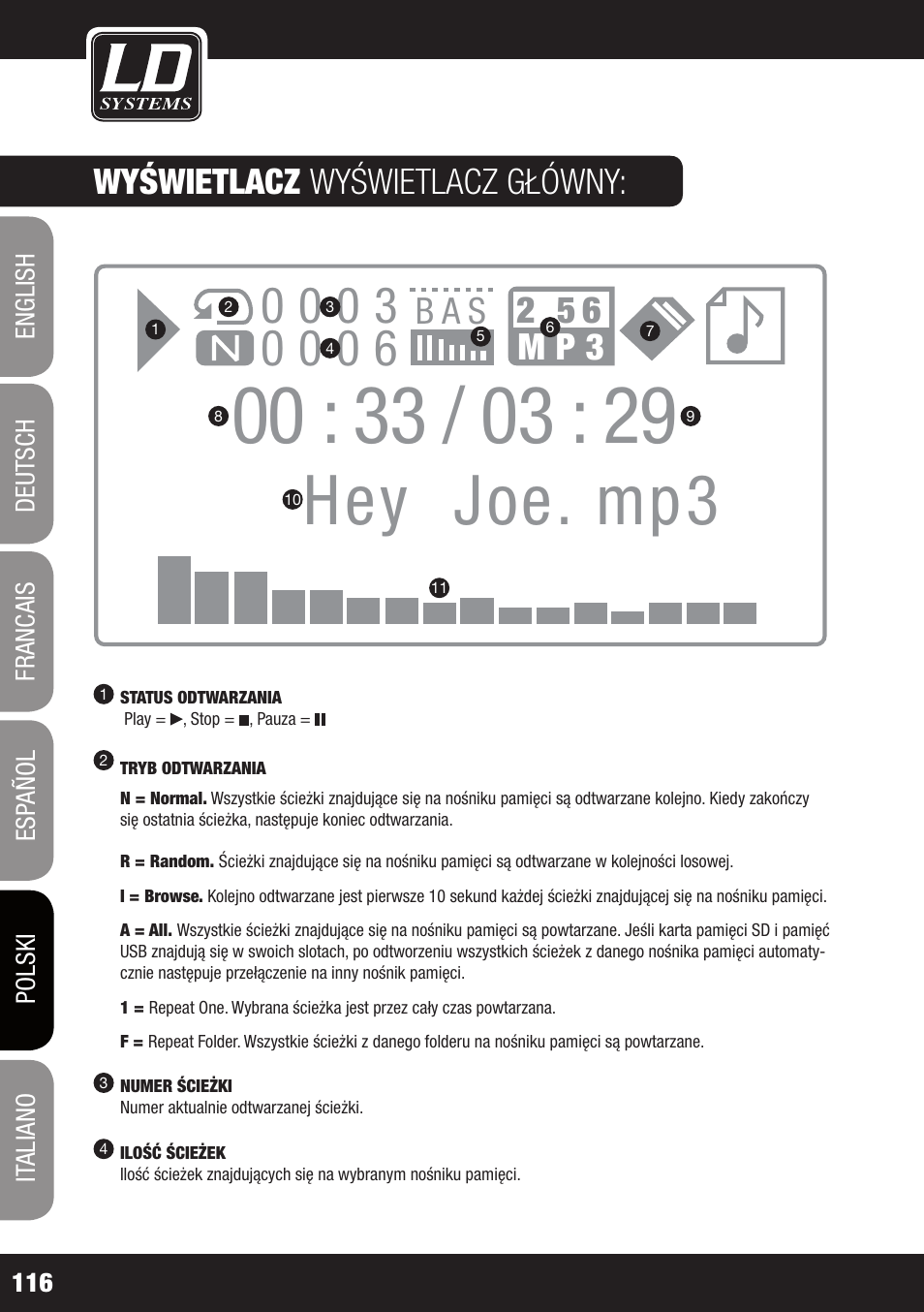 Hey joe. mp3, B a s 2 5 6 m p 3, Wyświetlacz wyświetlacz główny | LD Systems ROADJACK 10 User Manual | Page 116 / 160