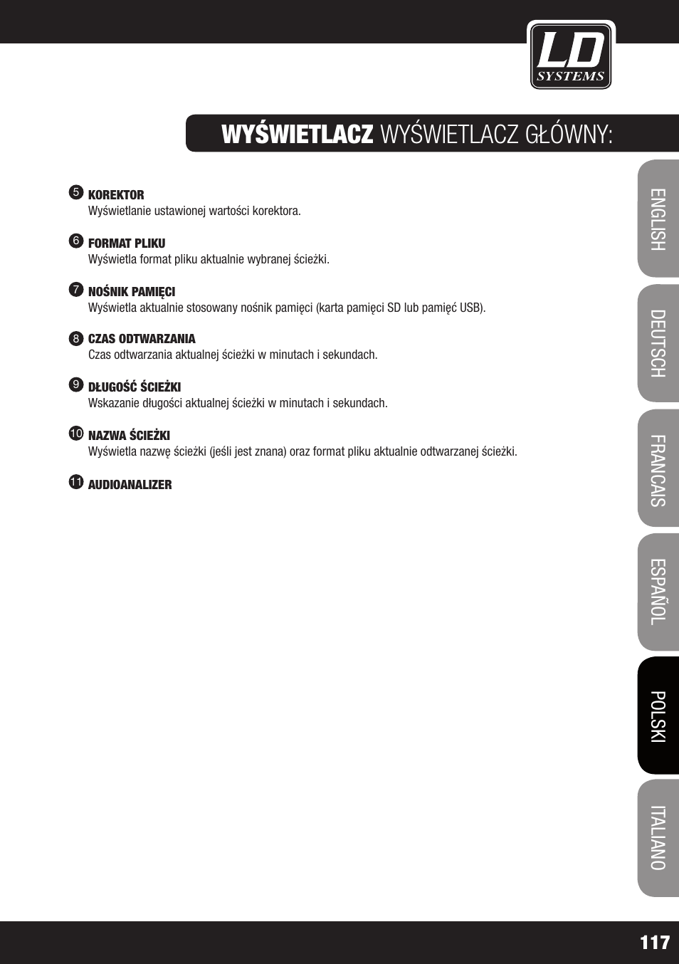 Wyświetlacz wyświetlacz główny | LD Systems ROADJACK 10 User Manual | Page 117 / 160