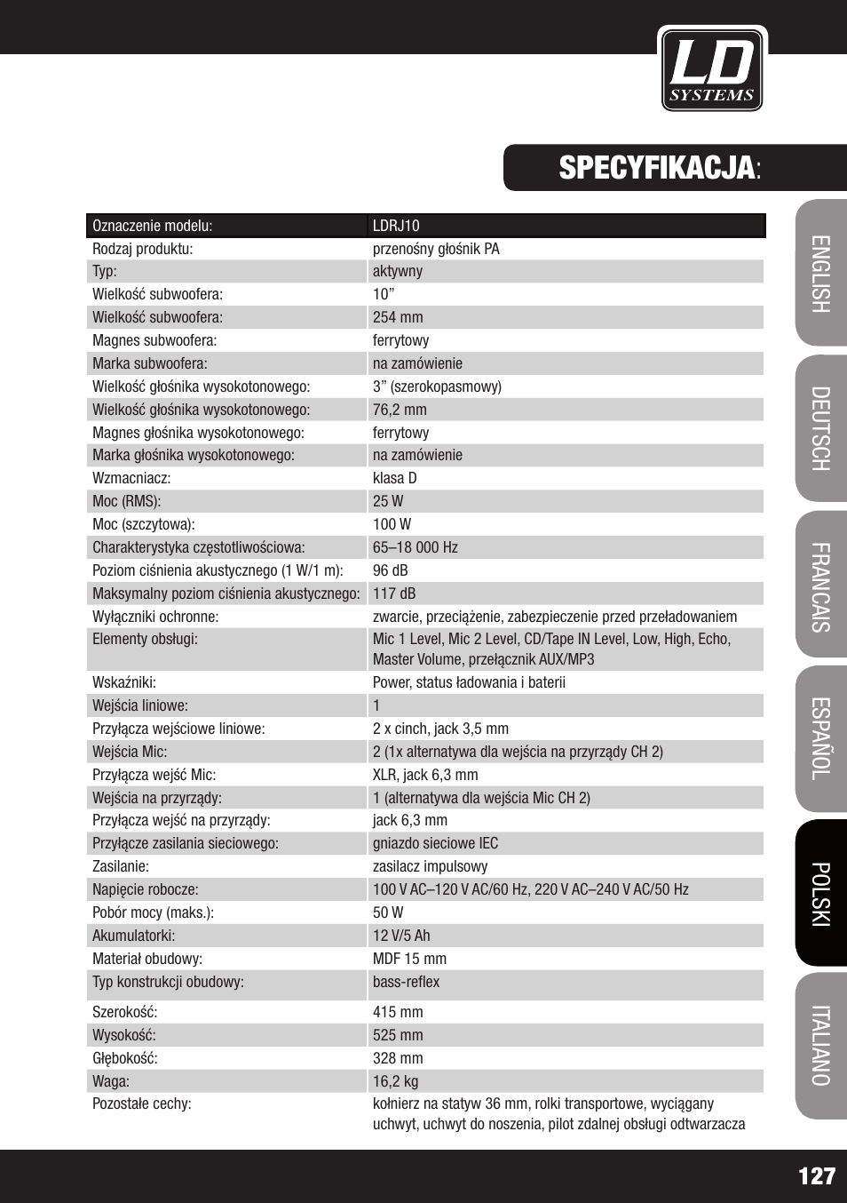 Specyfikacja | LD Systems ROADJACK 10 User Manual | Page 127 / 160