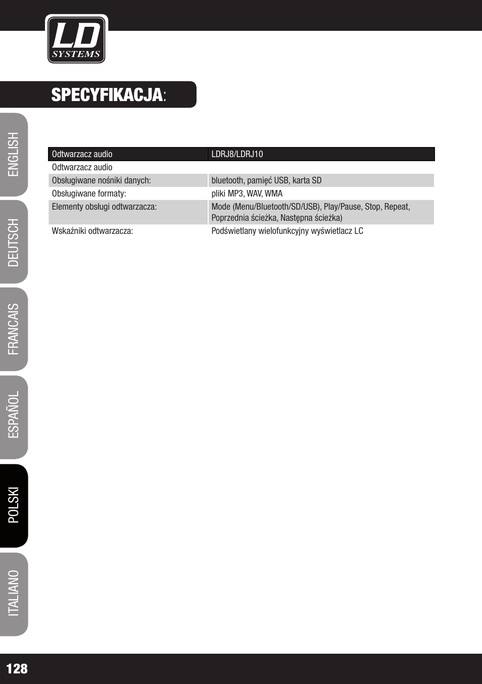 Specyfikacja | LD Systems ROADJACK 10 User Manual | Page 128 / 160