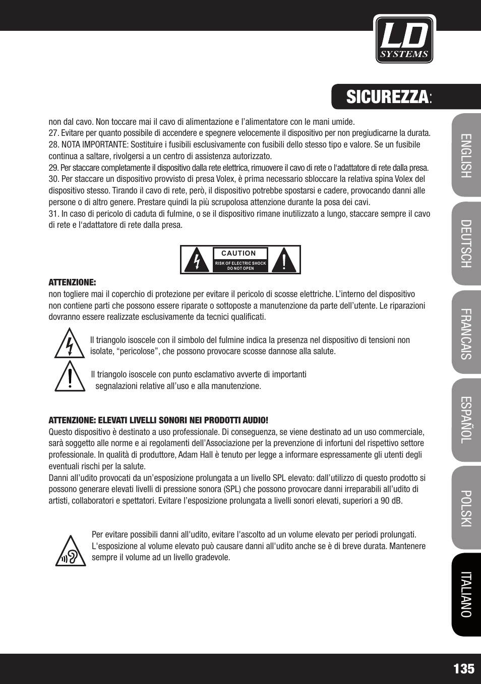 Sicurezza | LD Systems ROADJACK 10 User Manual | Page 135 / 160