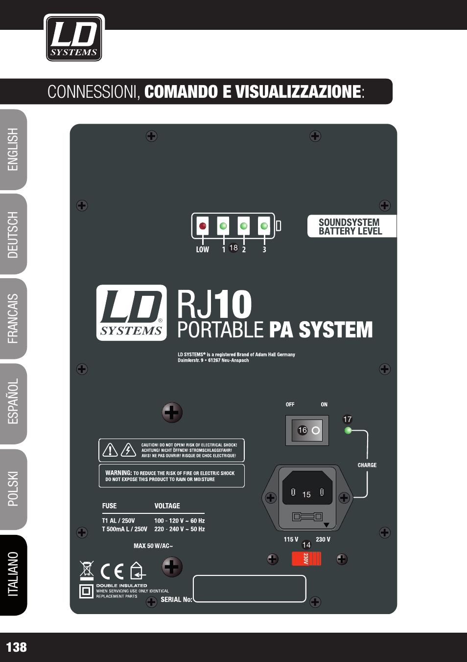 Connessioni, comando e visualizzazione | LD Systems ROADJACK 10 User Manual | Page 138 / 160