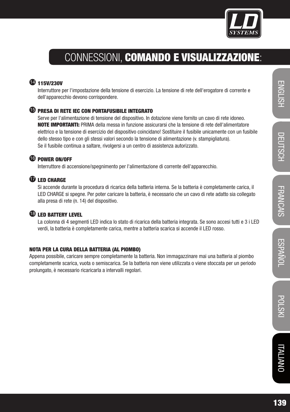 Connessioni, comando e visualizzazione | LD Systems ROADJACK 10 User Manual | Page 139 / 160