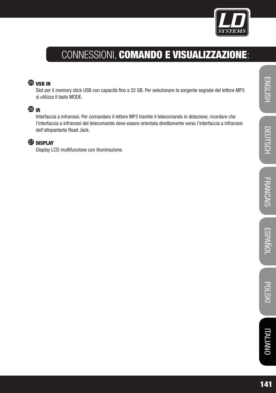 Connessioni, comando e visualizzazione | LD Systems ROADJACK 10 User Manual | Page 141 / 160