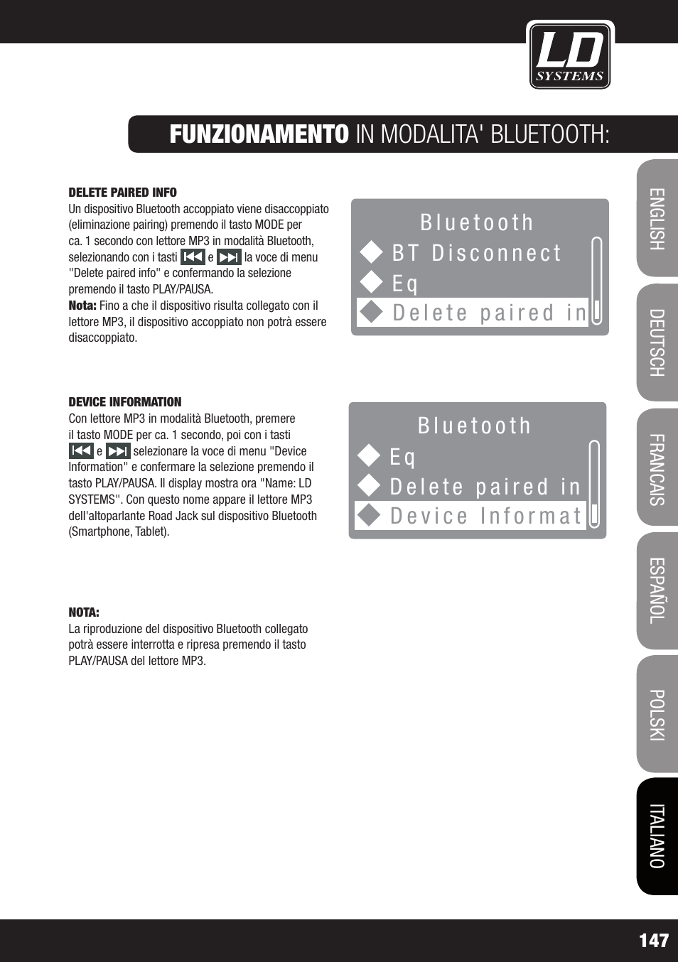 Funzionamento in modalita' bluetooth | LD Systems ROADJACK 10 User Manual | Page 147 / 160