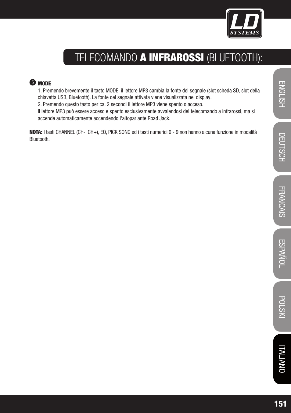 Telecomando a infrarossi (bluetooth) | LD Systems ROADJACK 10 User Manual | Page 151 / 160
