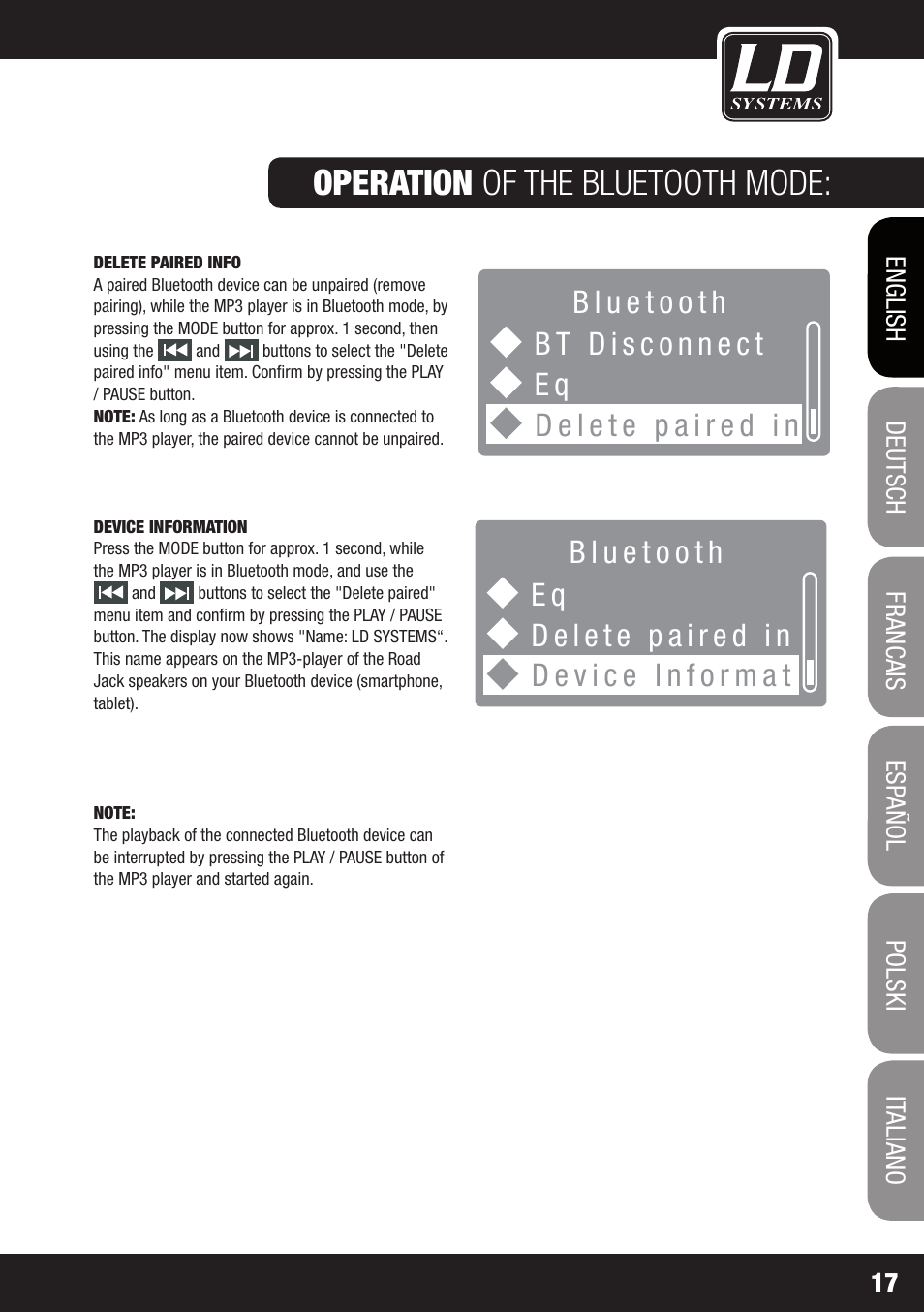 Operation of the bluetooth mode | LD Systems ROADJACK 10 User Manual | Page 17 / 160