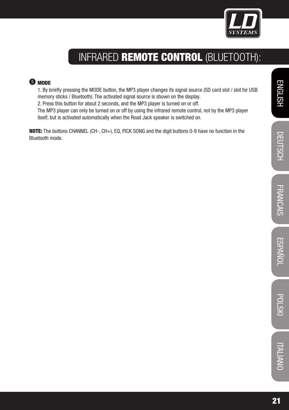 Infrared remote control (bluetooth) | LD Systems ROADJACK 10 User Manual | Page 21 / 160