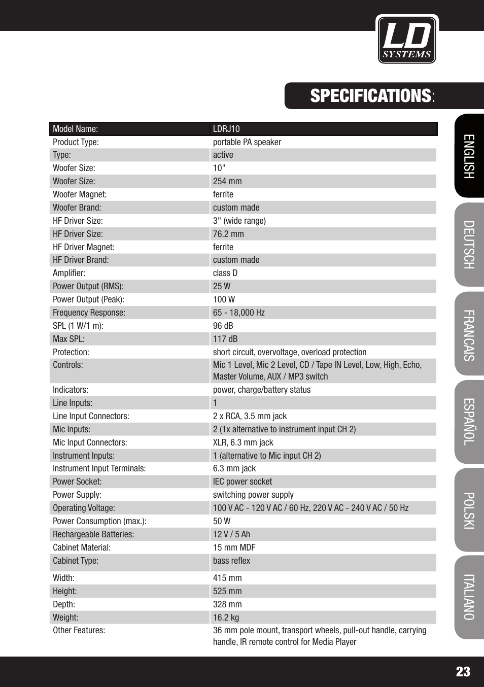 Specifications | LD Systems ROADJACK 10 User Manual | Page 23 / 160