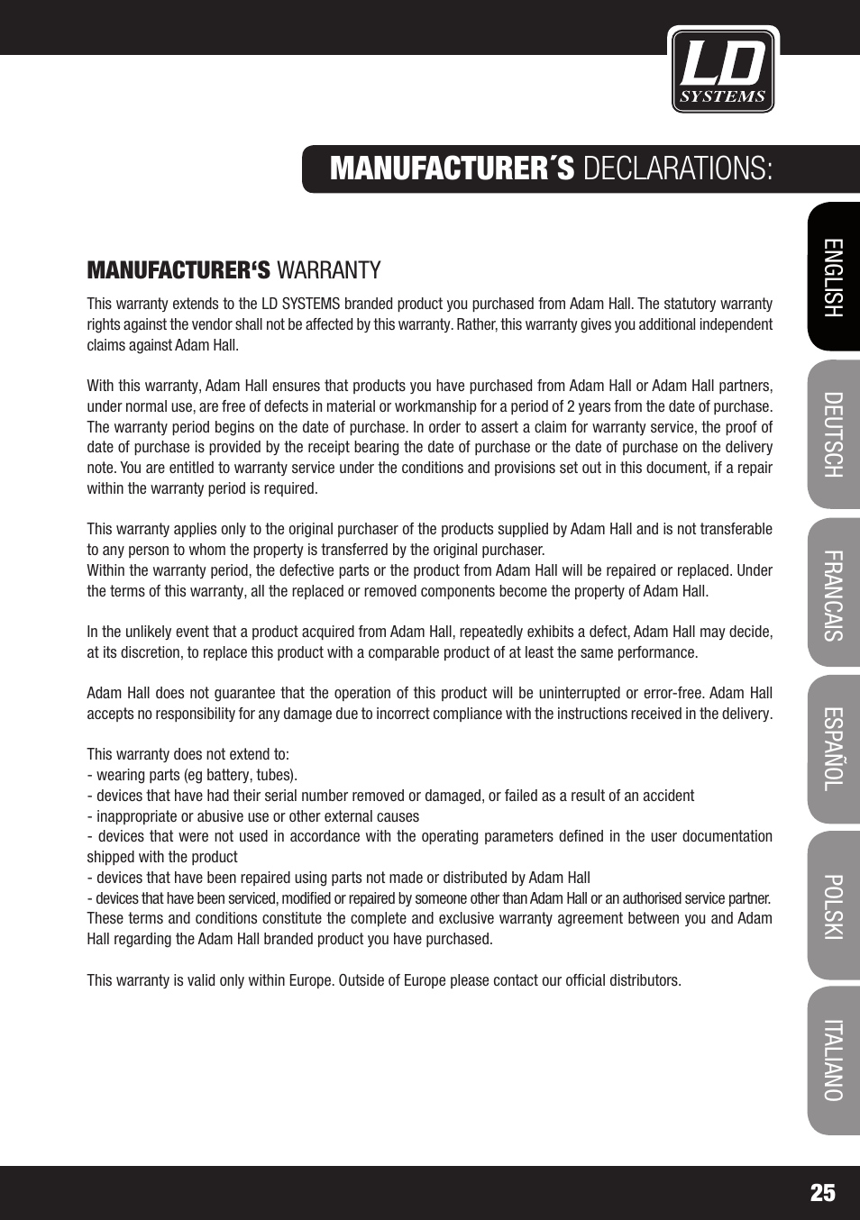 Manufacturer´s declarations, Specifications | LD Systems ROADJACK 10 User Manual | Page 25 / 160