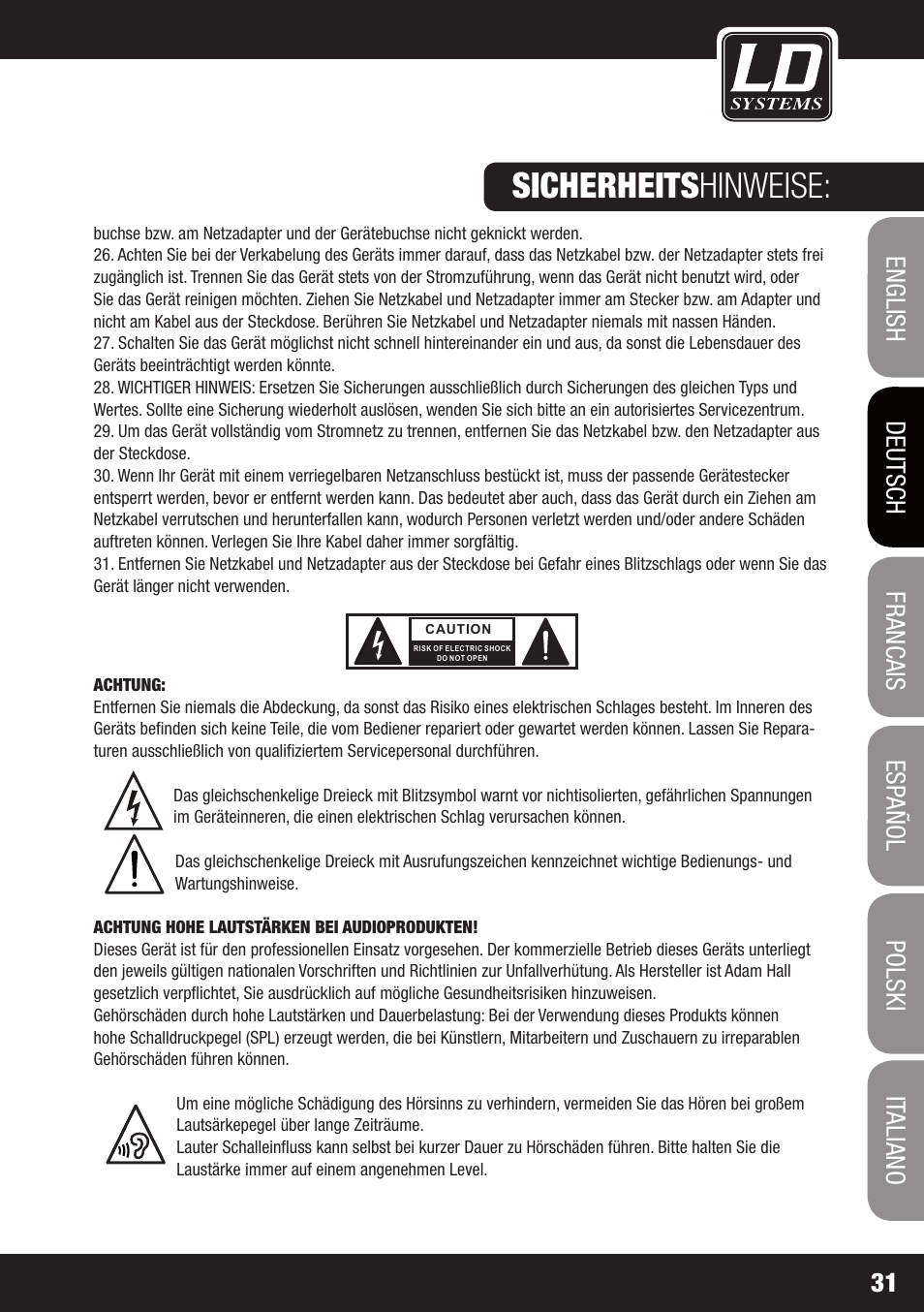 Sicherheits hinweise | LD Systems ROADJACK 10 User Manual | Page 31 / 160