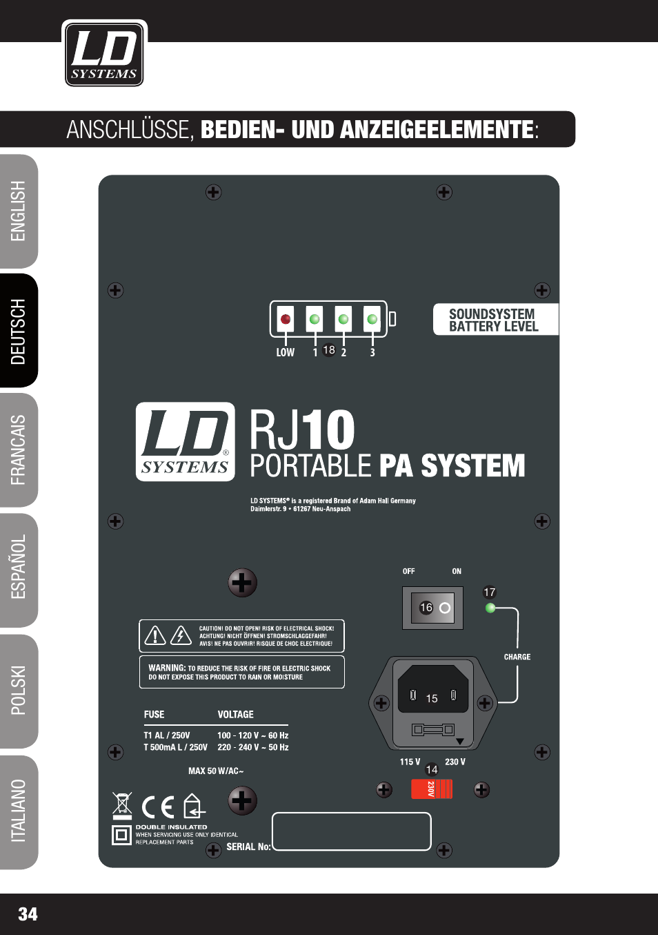 Anschlüsse, bedien- und anzeigeelemente | LD Systems ROADJACK 10 User Manual | Page 34 / 160