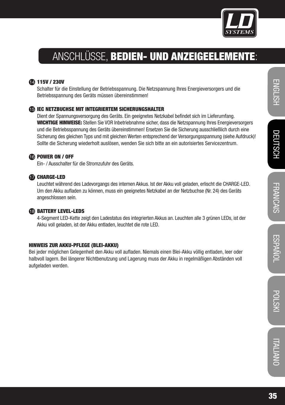 Anschlüsse, bedien- und anzeigeelemente | LD Systems ROADJACK 10 User Manual | Page 35 / 160