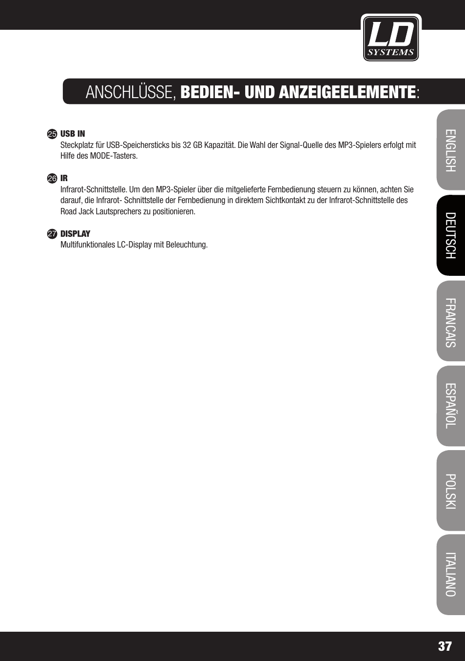 Anschlüsse, bedien- und anzeigeelemente | LD Systems ROADJACK 10 User Manual | Page 37 / 160