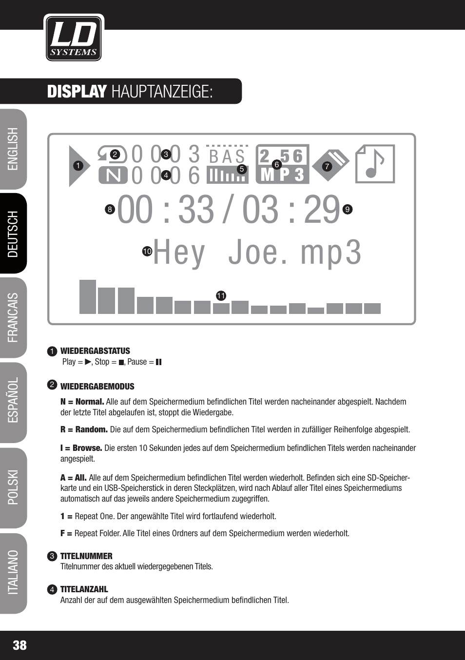 Hey joe. mp3, B a s 2 5 6 m p 3, Display hauptanzeige | LD Systems ROADJACK 10 User Manual | Page 38 / 160