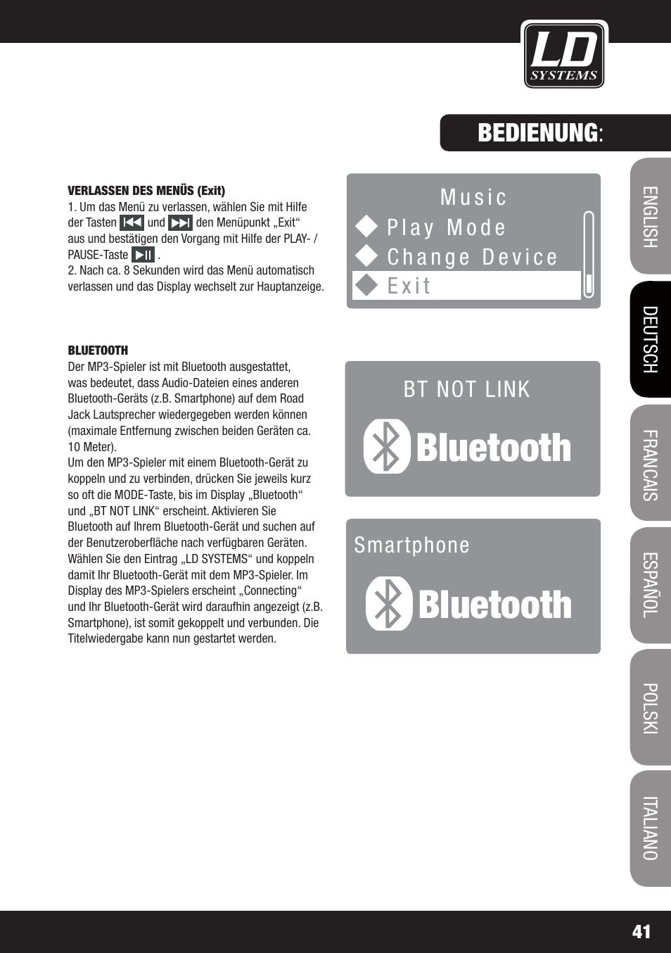 Bluetooth, Bedienung | LD Systems ROADJACK 10 User Manual | Page 41 / 160