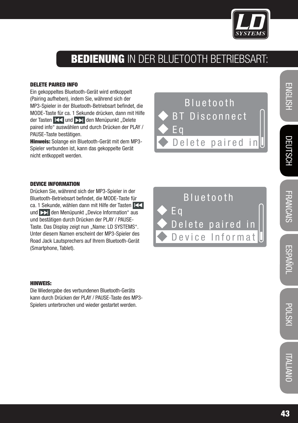 Bedienung in der bluetooth betriebsart | LD Systems ROADJACK 10 User Manual | Page 43 / 160
