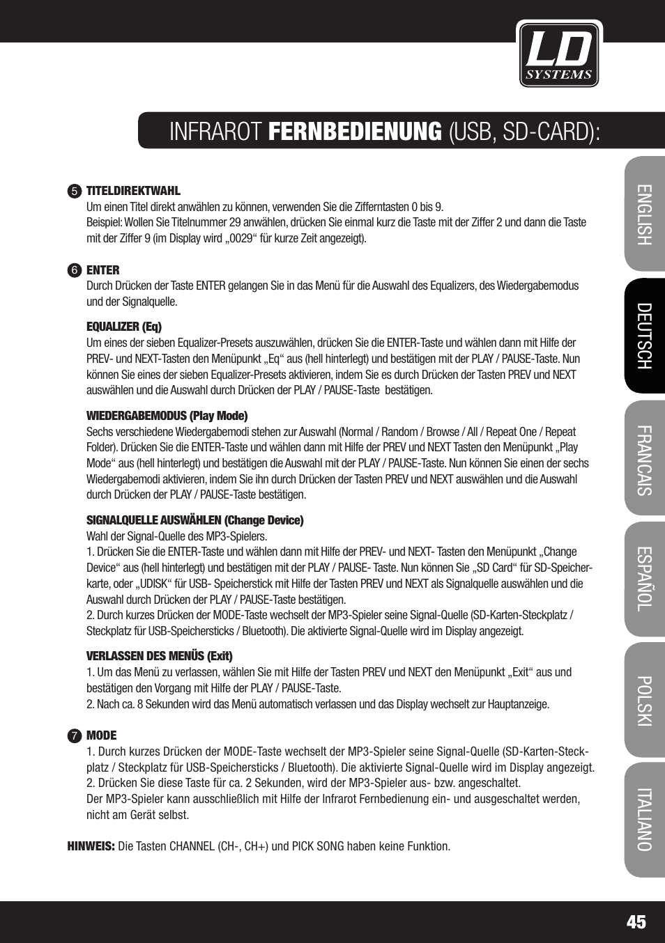 Infrarot fernbedienung (usb, sd-card) | LD Systems ROADJACK 10 User Manual | Page 45 / 160