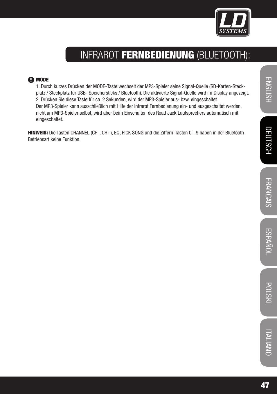 Infrarot fernbedienung (bluetooth) | LD Systems ROADJACK 10 User Manual | Page 47 / 160