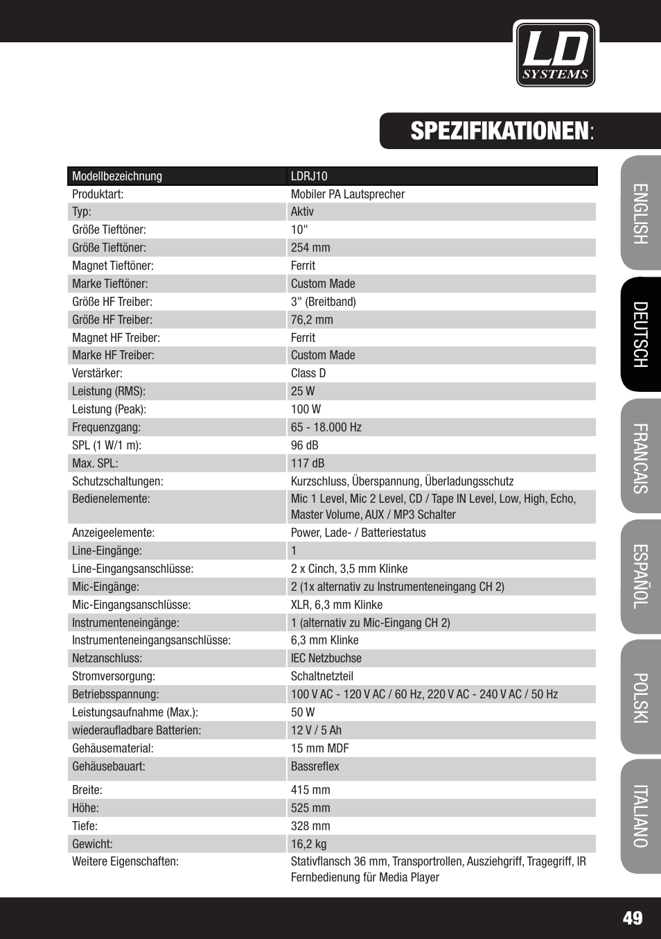 Spezifikationen | LD Systems ROADJACK 10 User Manual | Page 49 / 160