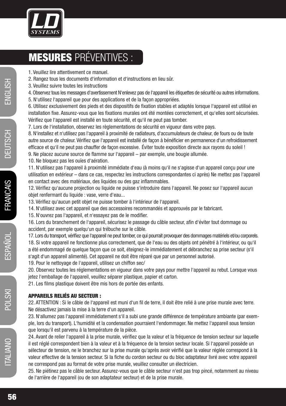 Mesures préventives | LD Systems ROADJACK 10 User Manual | Page 56 / 160