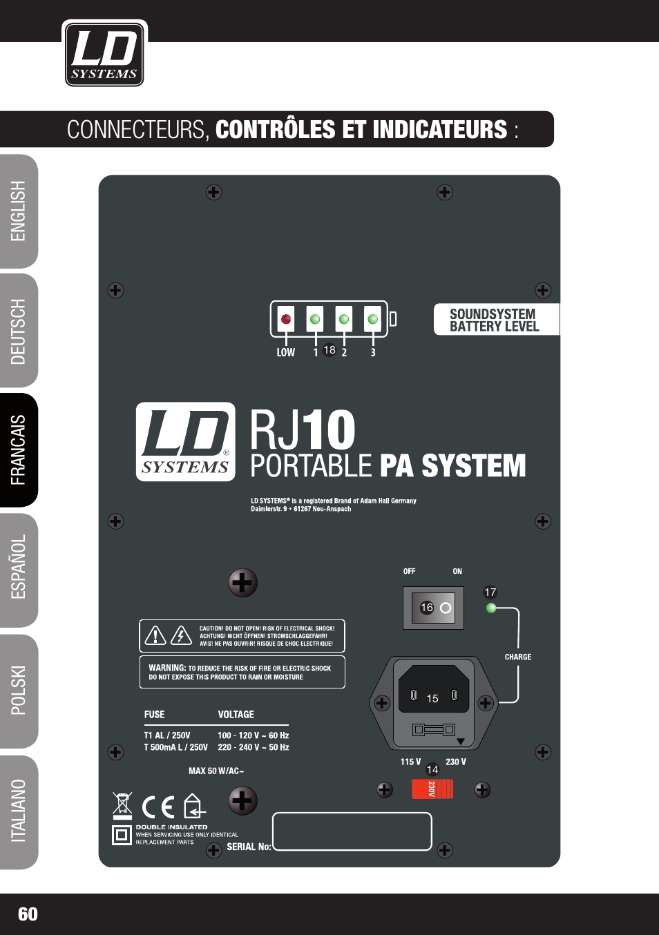 Connecteurs, contrôles et indicateurs | LD Systems ROADJACK 10 User Manual | Page 60 / 160