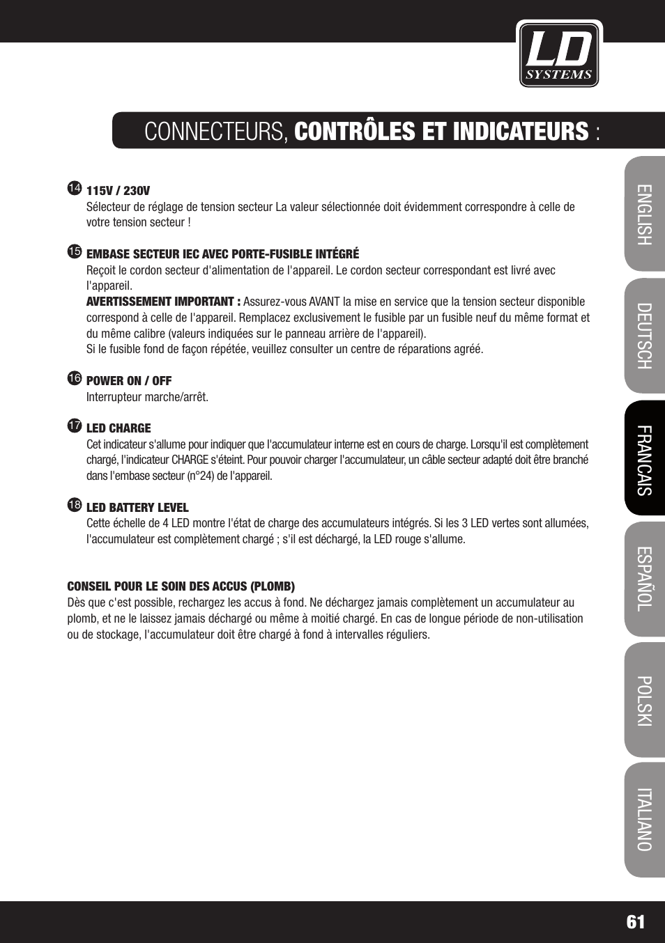 Connecteurs, contrôles et indicateurs | LD Systems ROADJACK 10 User Manual | Page 61 / 160