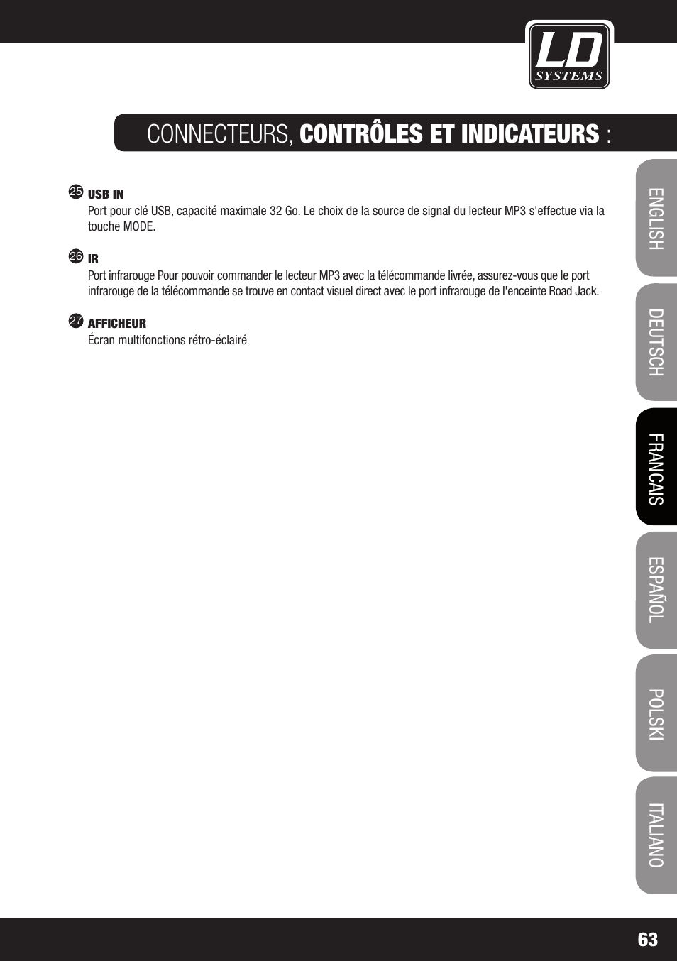 Connecteurs, contrôles et indicateurs | LD Systems ROADJACK 10 User Manual | Page 63 / 160