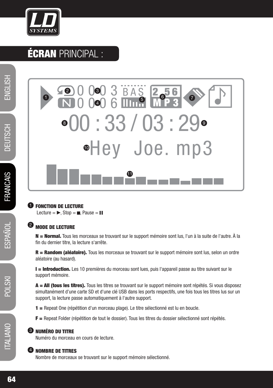 Hey joe. mp3, B a s 2 5 6 m p 3, Écran principal | LD Systems ROADJACK 10 User Manual | Page 64 / 160