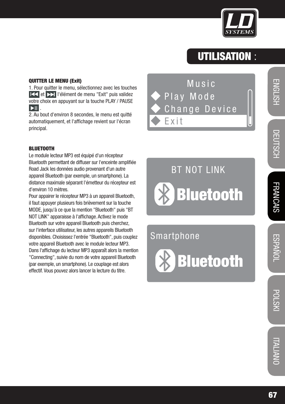 Bluetooth, Utilisation | LD Systems ROADJACK 10 User Manual | Page 67 / 160