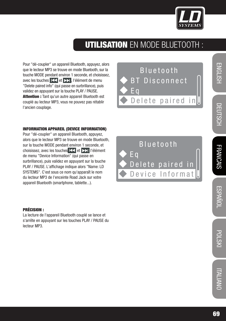 Utilisation en mode bluetooth | LD Systems ROADJACK 10 User Manual | Page 69 / 160