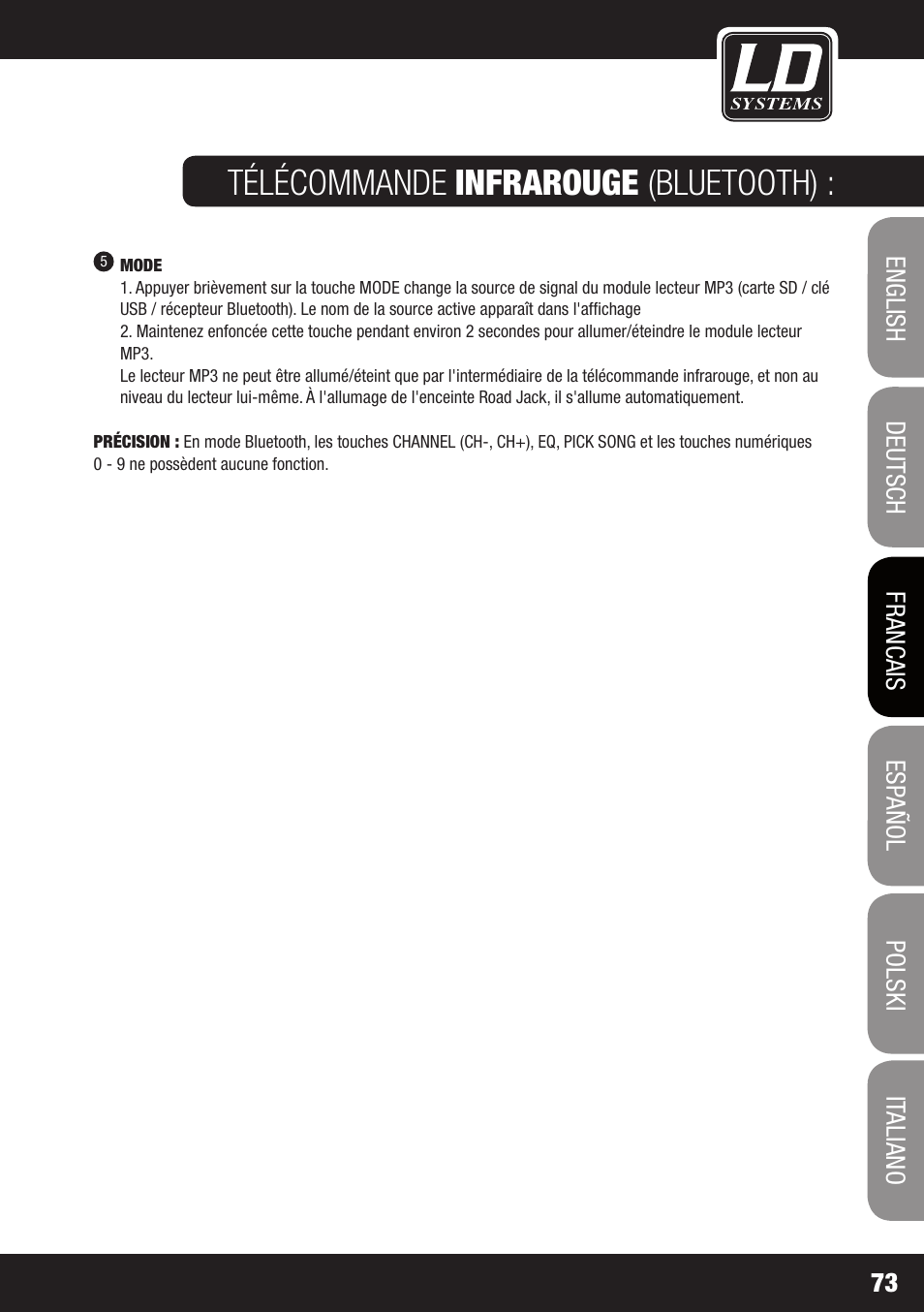 Télécommande infrarouge (bluetooth) | LD Systems ROADJACK 10 User Manual | Page 73 / 160