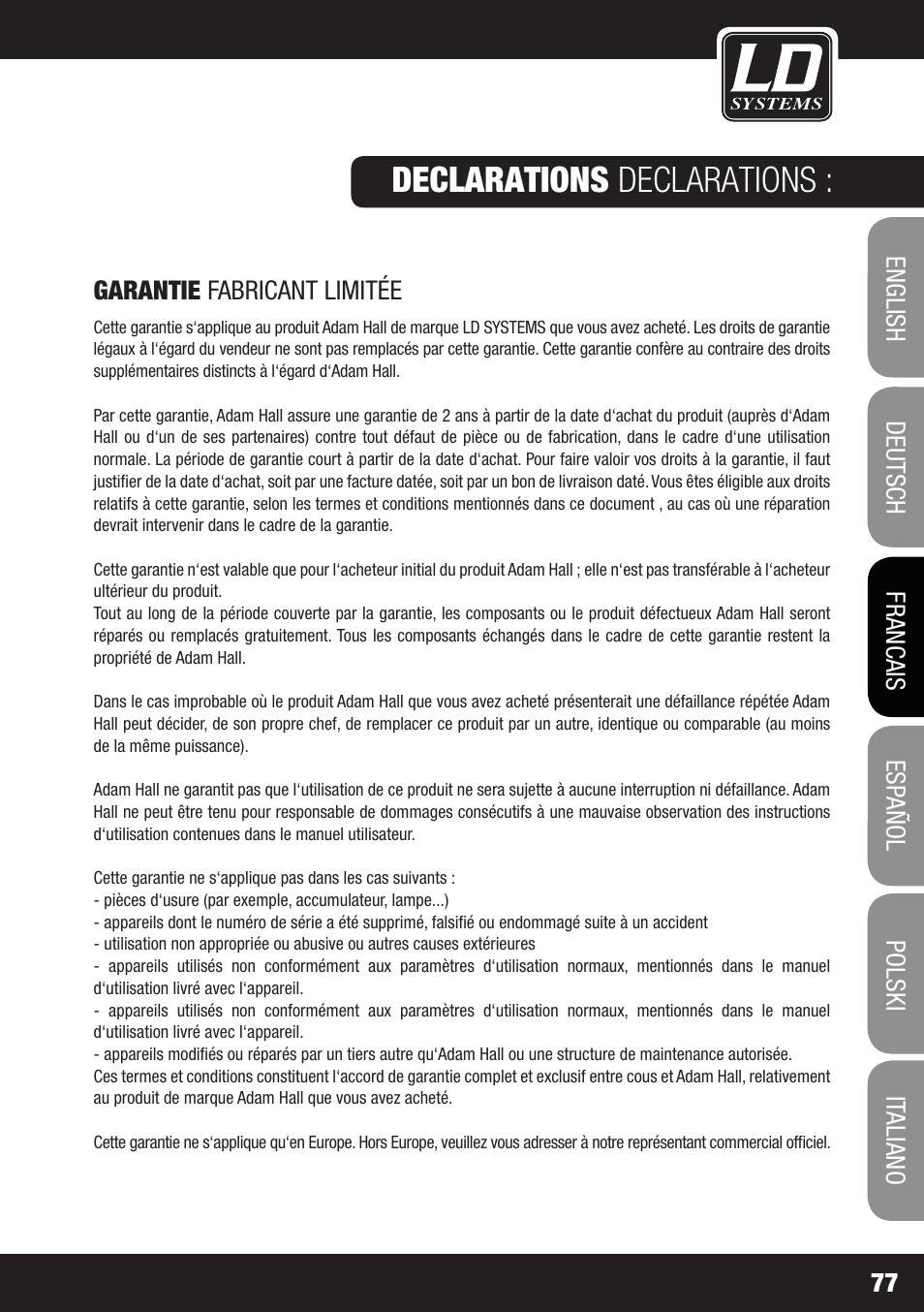 Declarations declarations, Caractéristiques | LD Systems ROADJACK 10 User Manual | Page 77 / 160