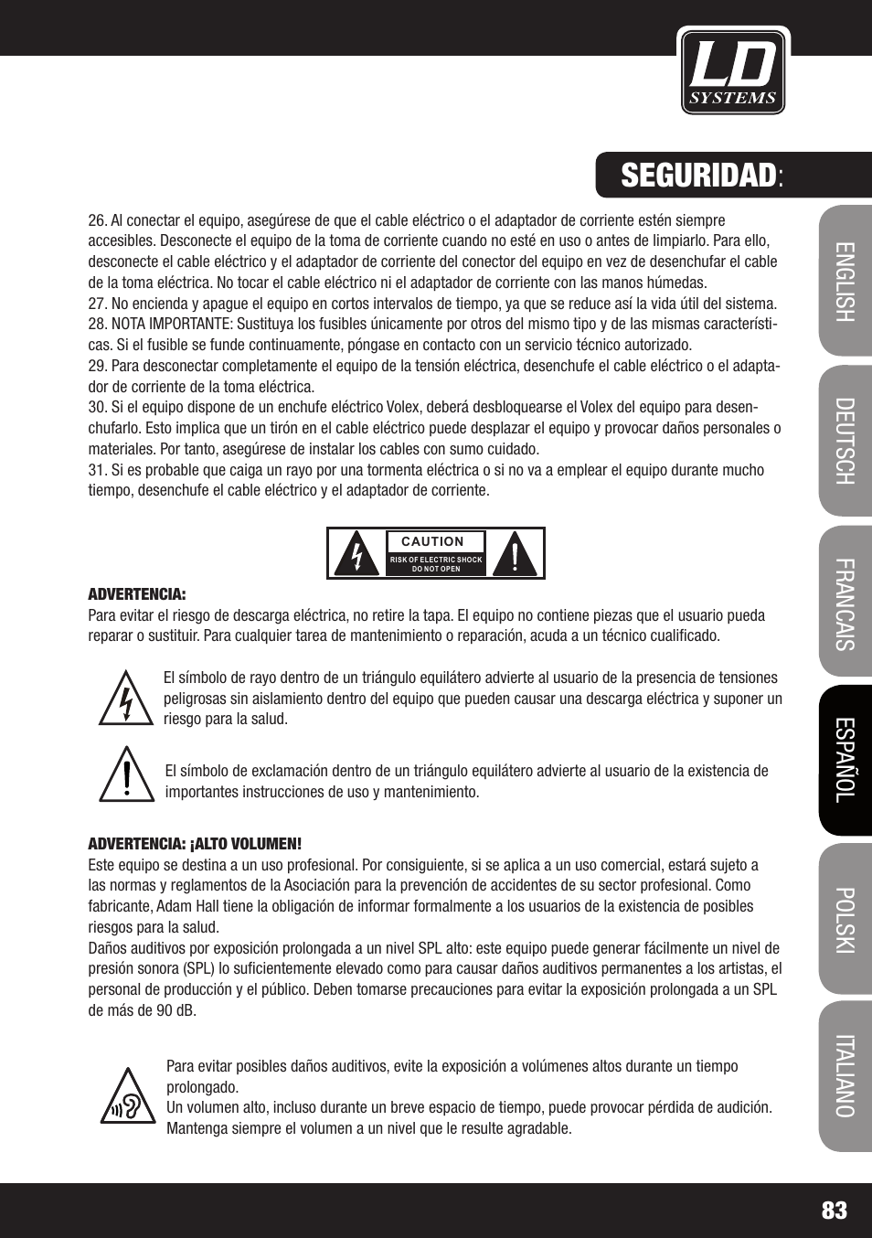 Seguridad | LD Systems ROADJACK 10 User Manual | Page 83 / 160