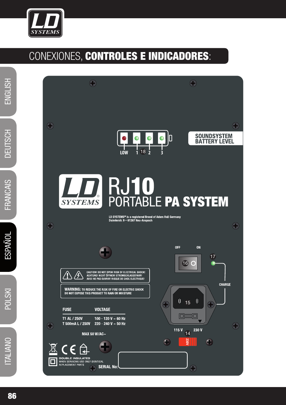 Conexiones, controles e indicadores | LD Systems ROADJACK 10 User Manual | Page 86 / 160