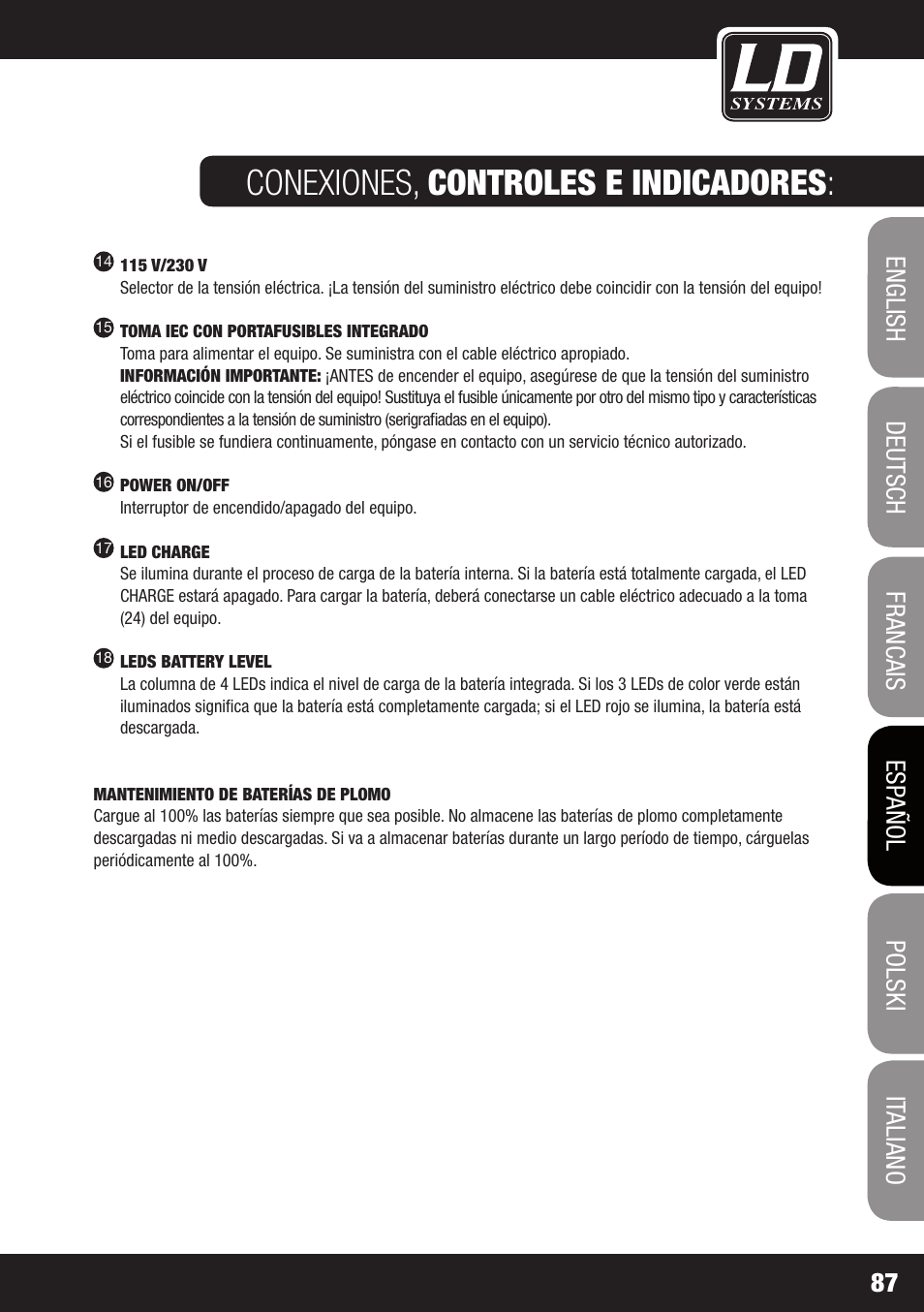 Conexiones, controles e indicadores | LD Systems ROADJACK 10 User Manual | Page 87 / 160